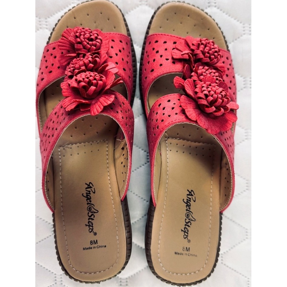 Angel Steps Womens Red Floral Perforated Wedge Slide Sandals Size 8M